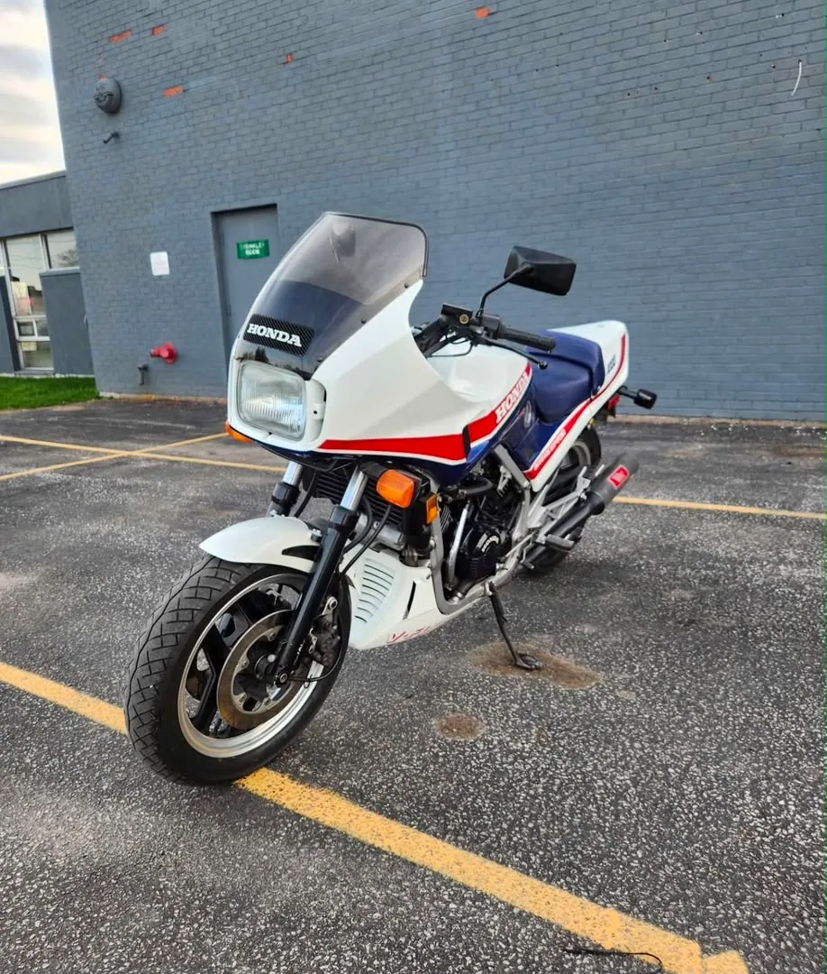 1985 Honda VF1000 in white, red and blue, side view